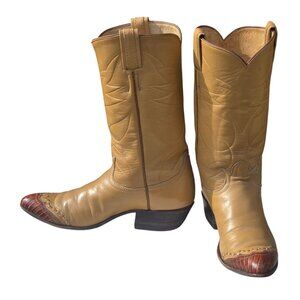 Vintage Tony Lama Cowboy Boots Ladies 6 A Narrow Lizard Toe Wingtip Tan Brown